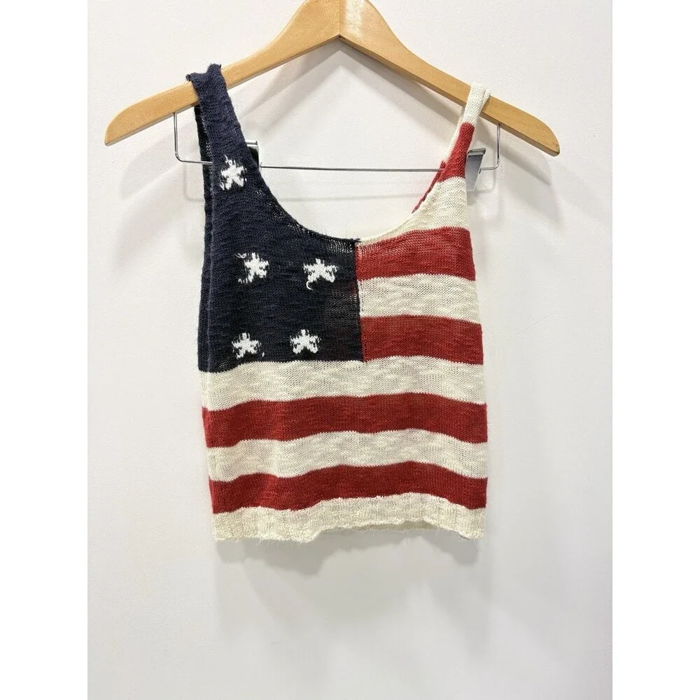 Angie American Flag Knit Tank Top Size Small- Red White and Blue Scoop Neck